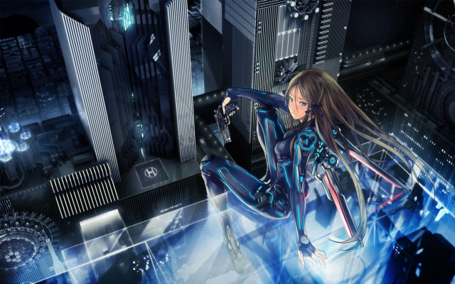 Futuristic woman flying cityscape cyberpunk free wallpaper for desktop - medium preview image