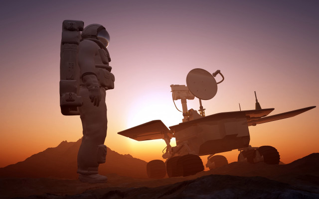 Robot plane desert sunset satellite free wallpaper for desktop - medium preview image