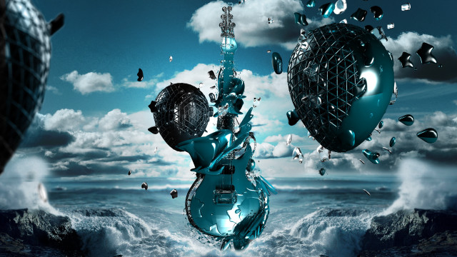 Floating guitar beach ocean sky free wallpaper for desktop - medium preview image