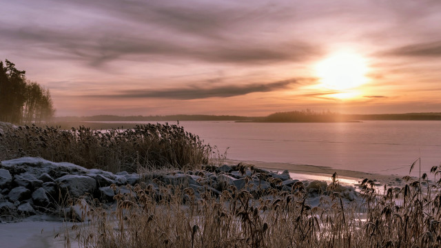 Sunset lake snow shore trees free wallpaper for desktop - medium preview image