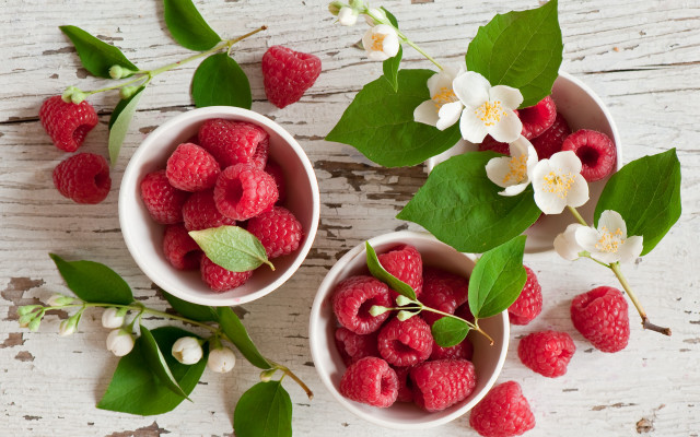Three bowls raspberries flowers white free wallpaper for desktop - medium preview image