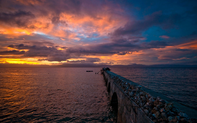 Sunset ocean pier boat clouds free wallpaper for desktop - medium preview image