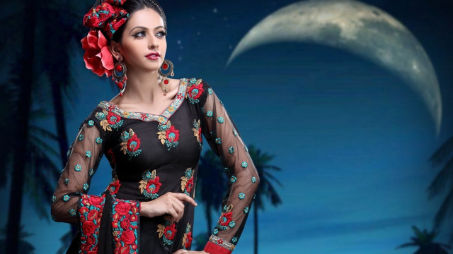 Woman red dress flower moon free wallpaper for desktop - medium preview image