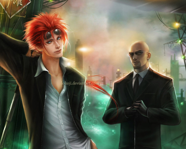 Redhair blackhair city neongreen anime free wallpaper for desktop - medium preview image