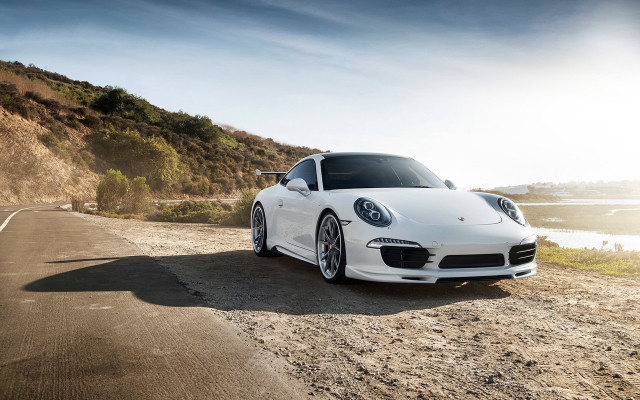 White porsche lake hill sun free wallpaper for desktop - medium preview image