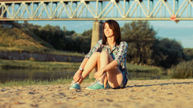 Woman river bridge sitting beach free wallpaper for desktop - medium preview image
