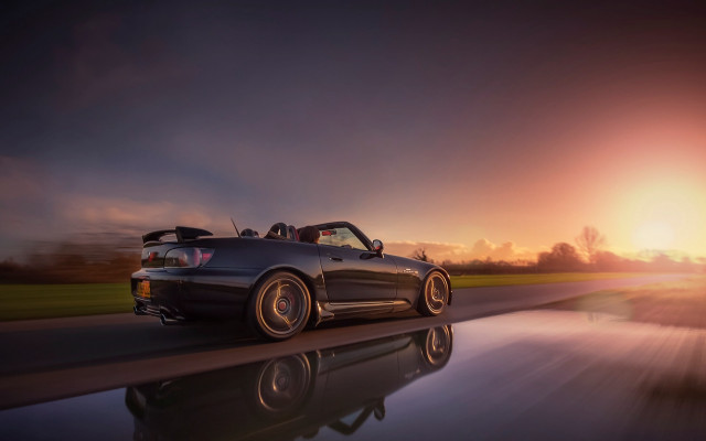 Car sunset reflection mountain ocean free wallpaper for desktop - medium preview image