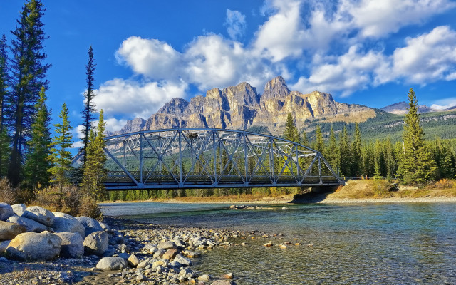 Bridge river mountains trees sky free wallpaper for desktop - medium preview image