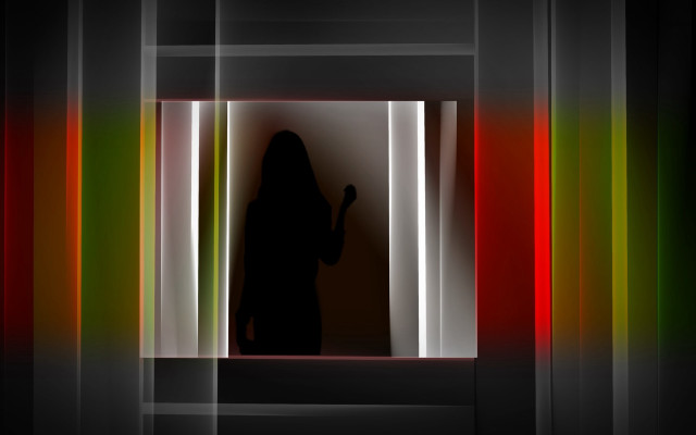 Woman doorway cellphone multicolored background free wallpaper for desktop - medium preview image