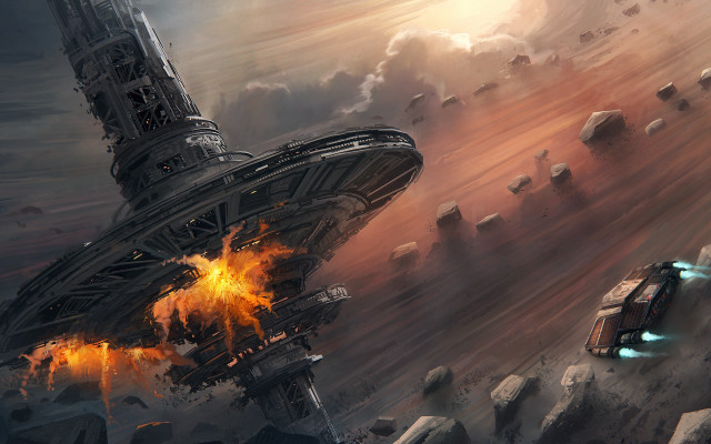 Sci fi flying city fireball free wallpaper for desktop - medium preview image