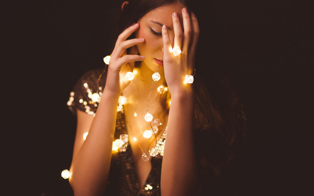 Woman hands face lights bokeh free wallpaper for desktop - medium preview image