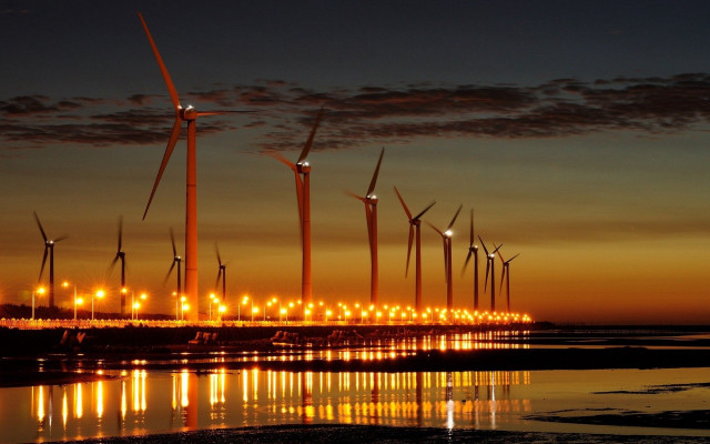 Wind turbines beach night sunset free wallpaper for desktop - medium preview image