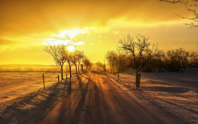Road fence trees sunset mountain free wallpaper for desktop - medium preview image