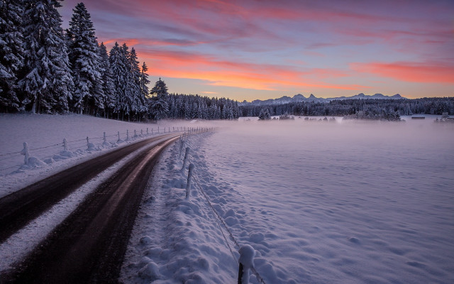 Snowy road forest sunset matte free wallpaper for desktop - medium preview image