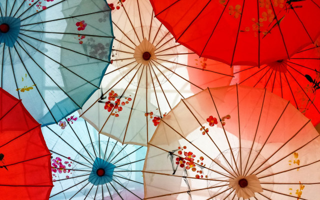 Colorful umbrella hanging sky art free wallpaper for desktop - medium preview image