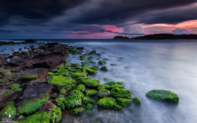 Rocky shore moss sunset mystical free wallpaper for desktop - medium preview image