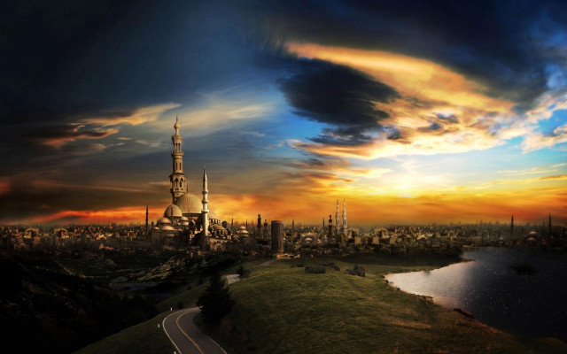 City tall buildings river sunset #2 free wallpaper for desktop - medium preview image