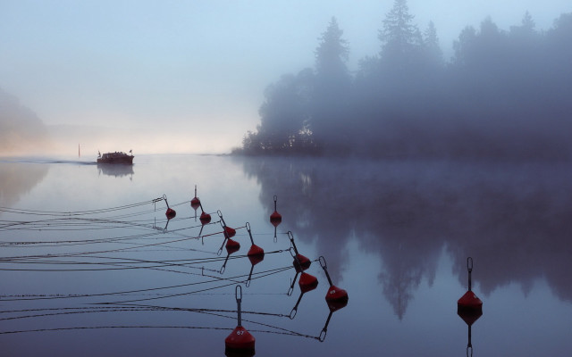 Foggy lake boat red lanterns free wallpaper for desktop - medium preview image