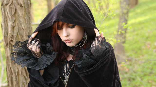 Gothic forest hooded woman cosplay free wallpaper for desktop - medium preview image