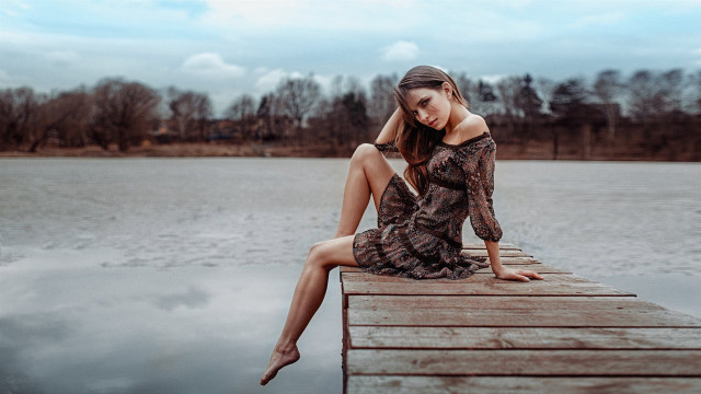 Woman dock lake clouds fashion free wallpaper for desktop - medium preview image
