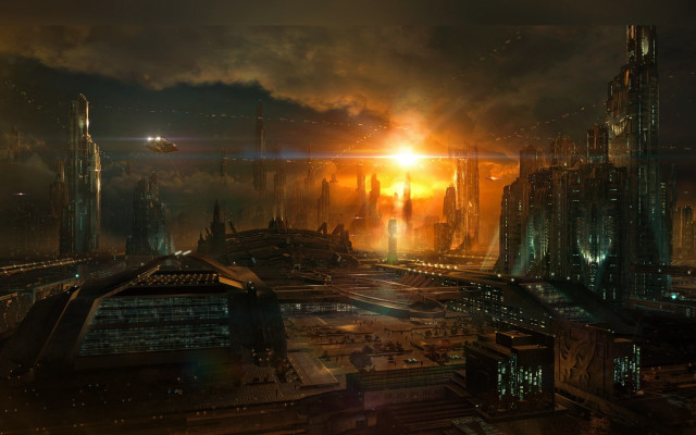 Futuristic city skyline bright sunset free wallpaper for desktop - medium preview image