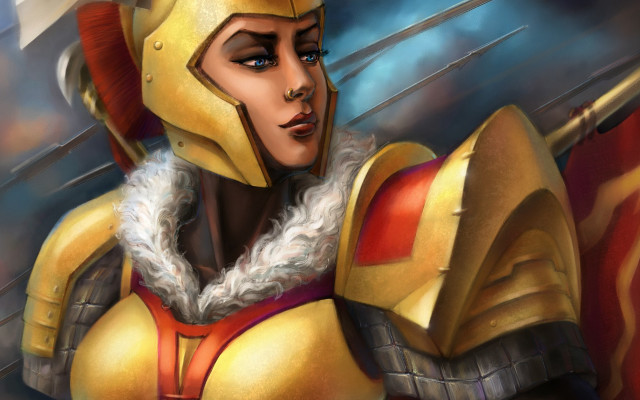 Woman yellow armor sword fantasy free wallpaper for desktop - medium preview image