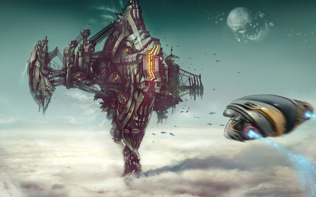 Futuristic space ship planet moon free wallpaper for desktop - medium preview image