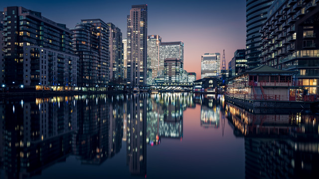 City skyline river night reflection free wallpaper for desktop - medium preview image