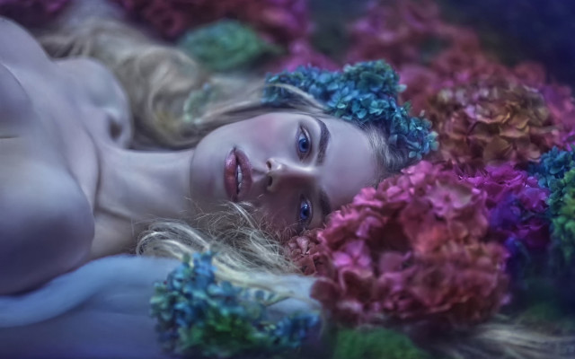Woman flower bed dreamlike blurry free wallpaper for desktop - medium preview image