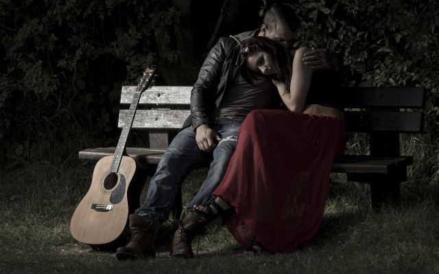 Man woman bench guitar blanket free wallpaper for desktop - medium preview image