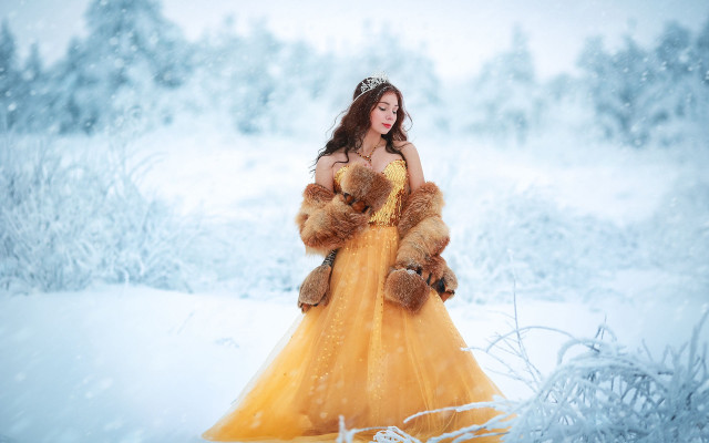 Woman yellow dress teddy snowy free wallpaper for desktop - medium preview image