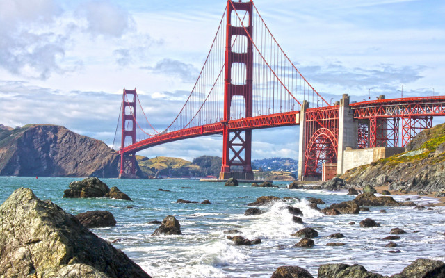 Bridge water rocks sky mountain free wallpaper for desktop - medium preview image