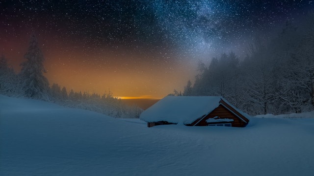Cabin snow starry night forest free wallpaper for desktop - medium preview image