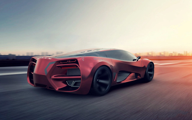 Red sports car city sunset free wallpaper for desktop - medium preview image