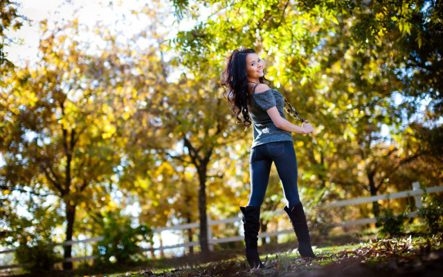 Woman field trees fence autumn free wallpaper for desktop - medium preview image
