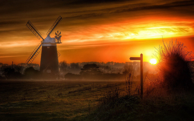 Windmill fog sunset fence landscape free wallpaper for desktop - medium preview image