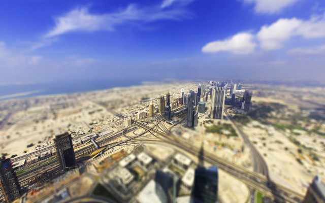 Cityscape beach bridge skyline tiltshift free wallpaper for desktop - medium preview image