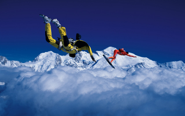 Snowboarders flying clouds mountains illustration free wallpaper for desktop - medium preview image