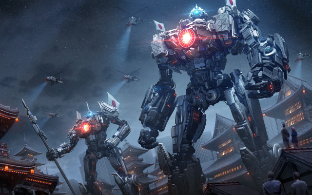 Robots city night lights astral free wallpaper for desktop - medium preview image