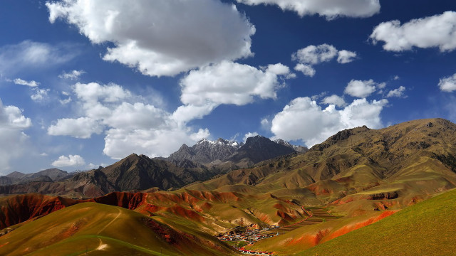 Mountain village clouds blue sky free wallpaper for desktop - medium preview image