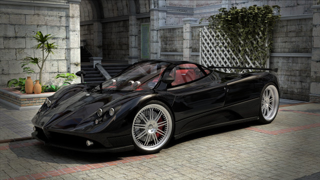 Black sports car courtyard plant free wallpaper for desktop - medium preview image