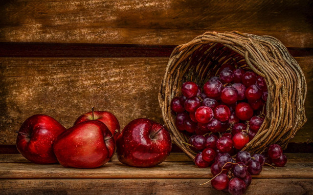 Basket cherries red apples wooden free wallpaper for desktop - medium preview image
