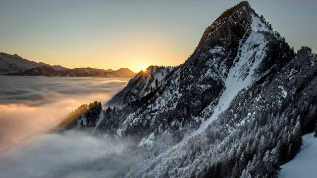 Snowy mountain sunset trees clouds free wallpaper for desktop - medium preview image