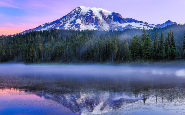 Mountain reflection sunset fog landscape free wallpaper for desktop - medium preview image