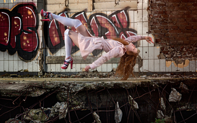 Woman skateboard trick graffiti surrealist free wallpaper for desktop - medium preview image