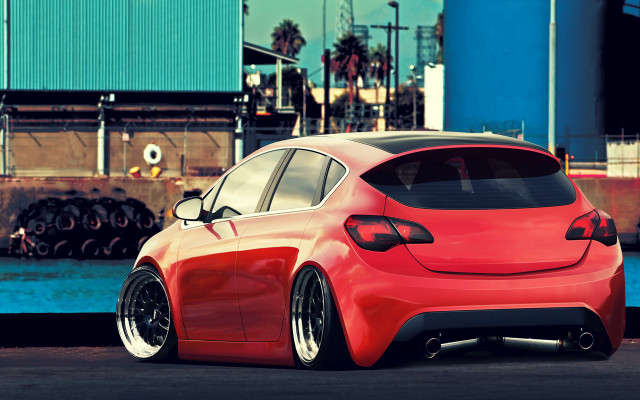 Red car dock blue building free wallpaper for desktop - medium preview image