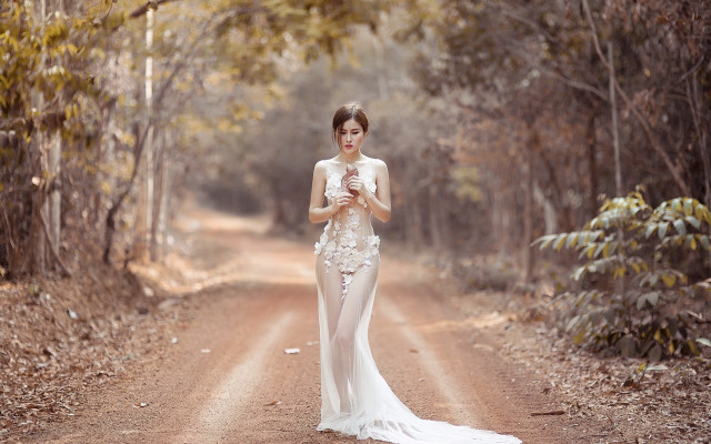 Woman white dress woods autumn free wallpaper for desktop - medium preview image