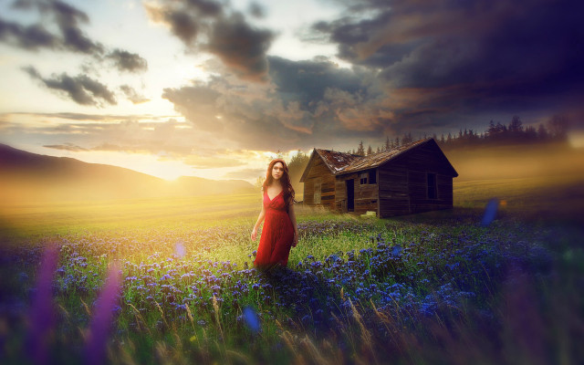 Woman red dress field cabin free wallpaper for desktop - medium preview image