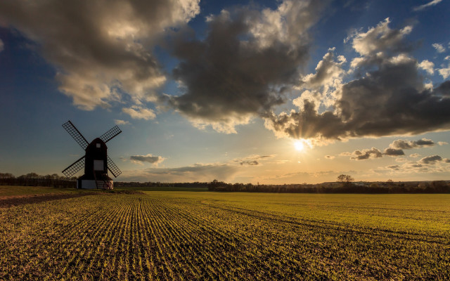 Windmill field sunset cloudy sky free wallpaper for desktop - medium preview image