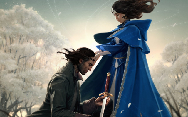 Man woman blue dress sword free wallpaper for desktop - medium preview image